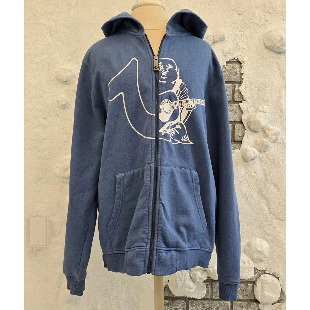 True Religion Y2K Mens Skater Hoodie Blue Buddha Guitar Horseshoe Logo Size L